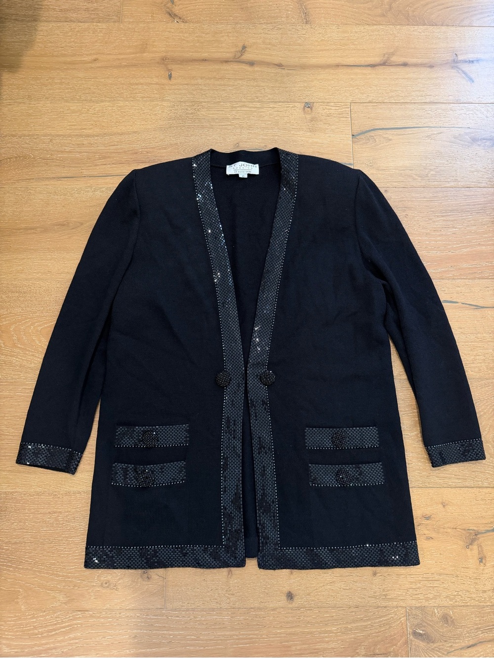 St. John Black Beaded and Rhinestone Trim Open Blazer